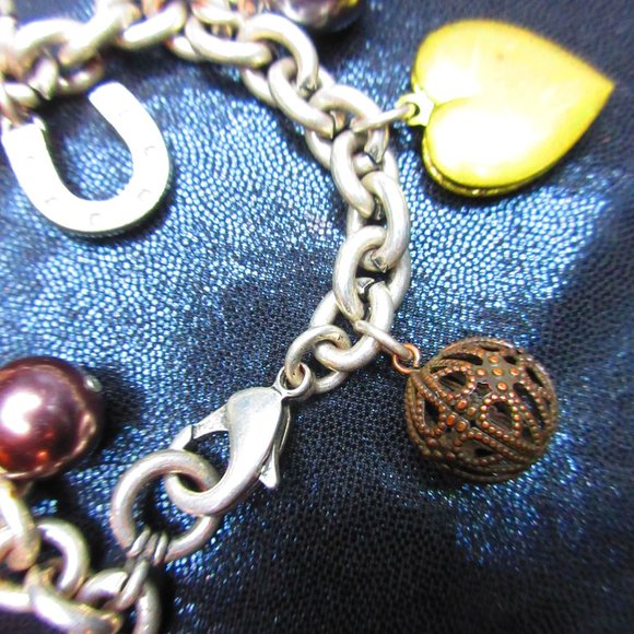 Charm Bracelet With Hearts Pearls Horseshoe Heart Locket Lobster Claw Clasp - Picture 8 of 8